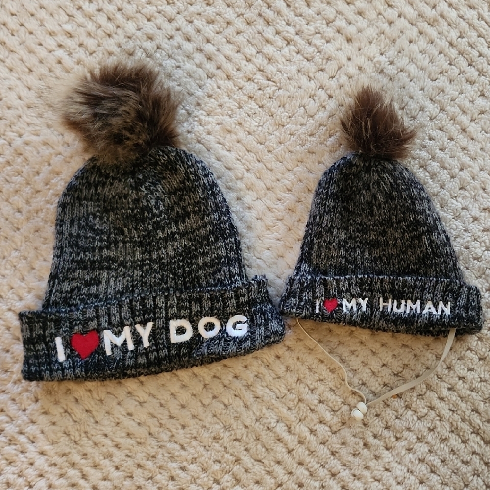 Matching Knit Beanie Set - Gray and Brown